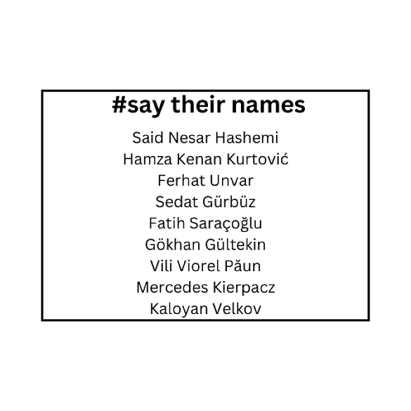 Schwarzer Rahmen mit #say their names und den Namen der Menschen, die bei dem Anschlag am 19.2.2020 ermordet wurden