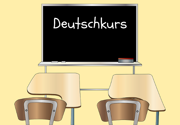 Das Bild zeigt eine Tafel, auf der das Wort Deutschkurs steht